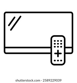 Television icon in line style with editable stroke. A flat-screen television and remote