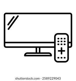 Television icon in line style with editable stroke. A flat-screen television and remote