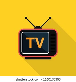 Television icon with long shadow on yellow background, flat design style