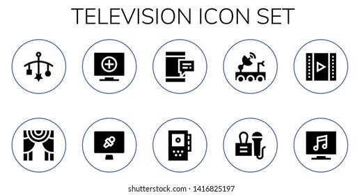 television icon set. 10 filled television icons.  Simple modern icons about  - Mobile, Theater, Television, News report, Recorder, Satellite dish, Press, Video