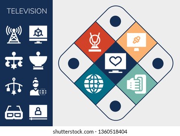 television icon set. 13 filled television icons.  Simple modern icons about  - Television, 3d glasses, Video, Mobile, News reporter, Satellite dish, Tower, Monitor, News report