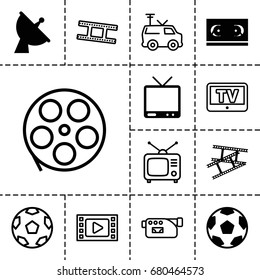 Television icon. set of 13 filled and outline television icons such as satellite, tv, camera tape, tv, camera, tv van, movie tape