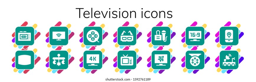 television icon set. 14 filled television icons.  Simple modern icons such as: Recorder, Screen, Smart tv, Mobile, Film reel, Television, 3d glasses, Press, Reel, Satellite dish