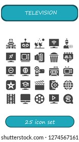  television icon set. 25 filled television icons. Simple modern icons about  - Television, Remote control, Satellite dish, News reporter, Old tv, Handheld, Popcorn, Billboard