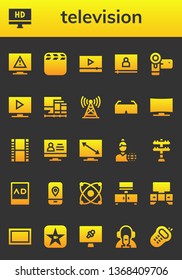 television icon set. 26 filled television icons.  Simple modern icons about  - Television, Hd, Video, Camcorder, Screens, Tower, 3d glasses, Film, Monitor, News reporter, Transmission tower