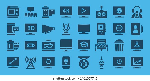 television icon set. 32 filled television icons. on blue background style Simple modern icons about  - Tv, Mobile, Reel, Television, Cinema, Vhs, Tower, Communication, Antenna