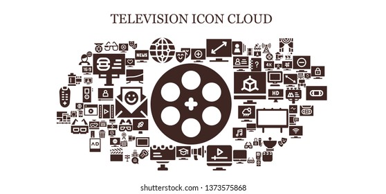 television icon set. 93 filled television icons.  Collection Of - Film reel, Theater, 3d glasses, Worlwide, Television, Communication, Screen, Billboard, Screens, Reel, Theatre
