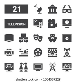 television icon set. Collection of 21 filled television icons included Screen, Antenna, Tv, Tower, Television, Theater, Film reel, Telegraph, Live, Video, Furniture, 3d glasses