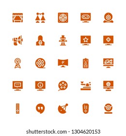 television icon set. Collection of 25 filled television icons included Webcam, Remote control, Satellite dish, Hangout, Television, Telegraph, Film reel, Screen, Film roll, Antenna