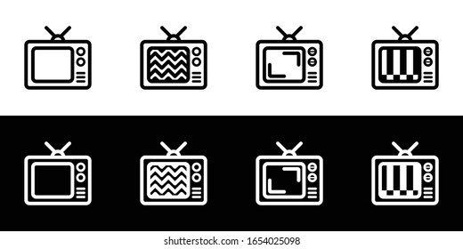 Television icon set. Flat design icon collection isolated on black and white background. Classic television no signal. 