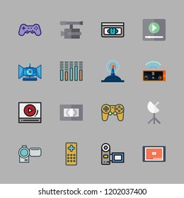 television icon set. vector set about videotape, satellite dish, camcorder and video camera icons set.