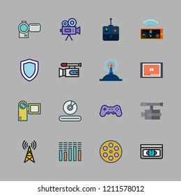 television icon set. vector set about sound bars, video player, video camera and antenna icons set.