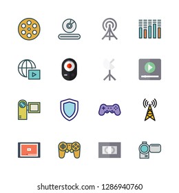 television icon set. vector set about video player, camcorder, satellite dish and radio antenna icons set.