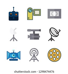 television icon set. vector set about videotape, satellite dish, video camera and radio antenna icons set.