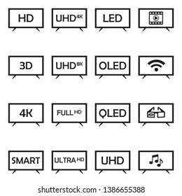 Television Icons. Black Flat Design. Vector Illustration. 