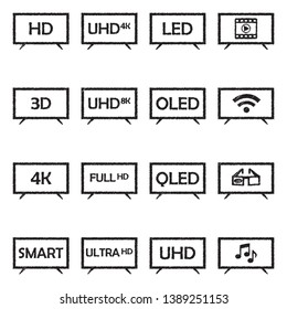 Television Icons. Black Scribble Design. Vector Illustration.