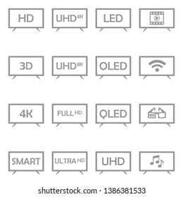 Television Icons. Gray Flat Design. Vector Illustration.