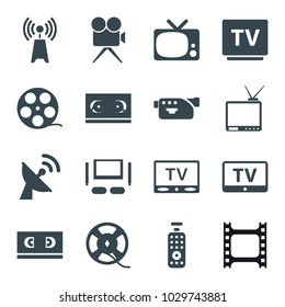 Television icons. set of 16 editable filled television icons such as tv, camera tape, film tape, camera, tv set, satellite, remote control, transmitter