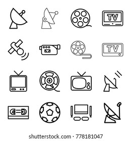 Television icons. set of 16 editable outline television icons such as movie tape, camera tape, film tape, tv, satellite, camera