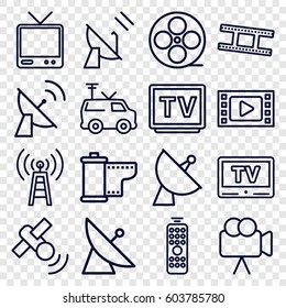 Television icons set. set of 16 television outline icons such as satellite, movie tape, TV, camera, TV van, camera tape, remote control