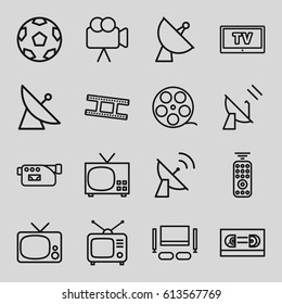 Television icons set. set of 16 television outline icons such as satellite, Tv, camera, camera tape, TV set, remote control, TV, film tape