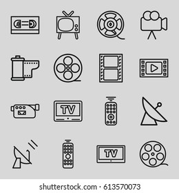 Television icons set. set of 16 television outline icons such as satellite, movie tape, camera, film tape, camera tape, TV