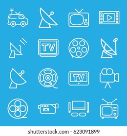Television icons set. set of 16 television outline icons such as satellite, TV, movie tape, Tv, camera, TV van, film tape