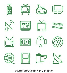 Television icons set. set of 16 television outline icons such as satellite, movie tape, tv, tv, camera, film tape, camera tape