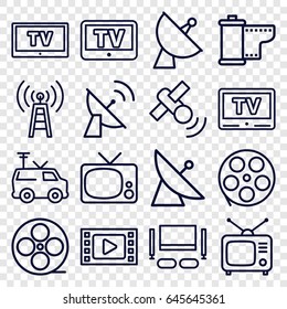 Television icons set. set of 16 television outline icons such as satellite, tv, movie tape, tv, camera tape