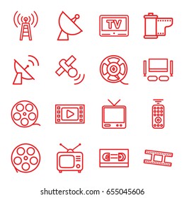 Television icons set. set of 16 television outline icons such as satellite, tv, tv, film tape, camera tape, tv set, remote control, transmitter