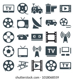 Television icons. set of 25 editable filled television icons such as tv, movie tape, camera tape, transmitter, camera, tv van, film tape, satellite