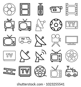 Television icons. set of 25 editable outline television icons such as satellite, movie tape, tv, camera tape, tv, camera, tv van