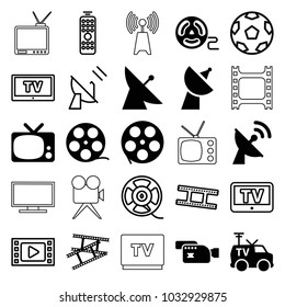 Television icons. set of 25 editable filled and outline television icons such as satellite, movie tape, camera tape, tv, tv van, film tape, remote control, transmitter, camera