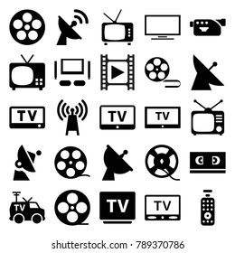 Television icons. set of 25 editable filled television icons such as satellite, tv, camera tape, transmitter, movie tape, tv, camera, film tape