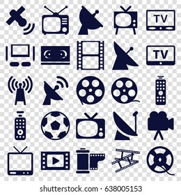 Television icons set. set of 25 television filled icons such as satellite, tv, movie tape, tv, camera, film tape, camera tape, remote control, tv set