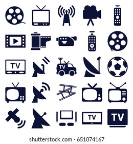 Television icons set. set of 25 television filled icons such as satellite, tv, tv, camera, camera tape, remote control, transmitter