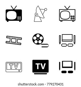 Television icons. set of 9 editable filled and outline television icons such as tv, tv set, camera tape, movie tape