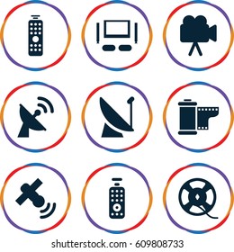 Television icons set. set of 9 television filled icons such as camera, film tape, camera tape, remote control, TV set
