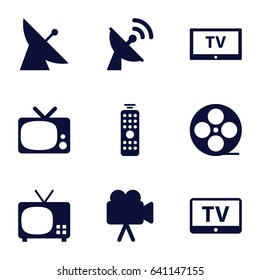 Television icons set. set of 9 television filled icons such as satellite, tv, movie tape, camera