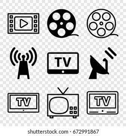 Television icons set. set of 9 television filled and outline icons such as tv, satellite, transmitter, camera tape