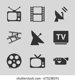 Television icons set. set of 9 television filled icons such as satellite, movie tape, tv, camera, tv