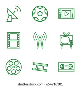Television icons set. set of 9 television outline icons such as movie tape, camera tape, satellite, transmitter, film tape
