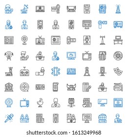 television icons set. Collection of television with journalist, live, monitor, news, video, billboard, news reporter, satellite dish, webcam. Editable and scalable television icons.