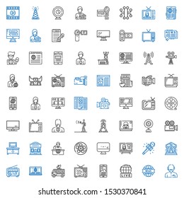 television icons set. Collection of television with news reporter, news report, live, news, satellite dish, theater, journalist, screen. Editable and scalable television icons.