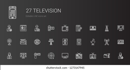 television icons set. Collection of television with screen, film reel, camcorder, monitor, news reporter, satellite dish, news, recorder. Editable and scalable television icons.