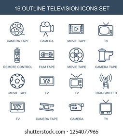 television icons. Trendy 16 television icons. Contain icons such as camera tape, camera, movie tape, TV, remote control, film tape, transmitter. television icon for web and mobile.