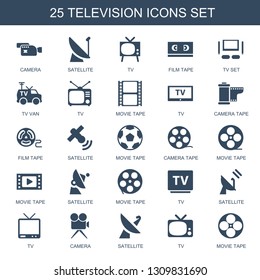 television icons. Trendy 25 television icons. Contain icons such as camera, satellite, TV, film tape, TV set, TV van, movie tape, camera tape. television icon for web and mobile.