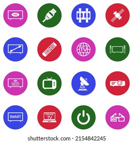 Television Icons. White Flat Collection In Circle. Vector Illustration.