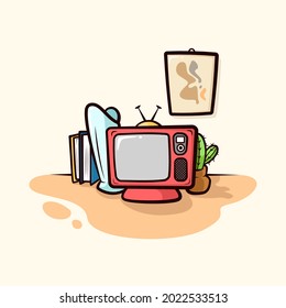 Television Illustration Design. Book Cactus and Decoration Concept Illustration Isolated Design