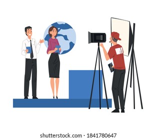 Television Industry, Presenters Broadcasting with Cameraman on Television, News, TV Show Studio Cartoon Style Vector Illustration
